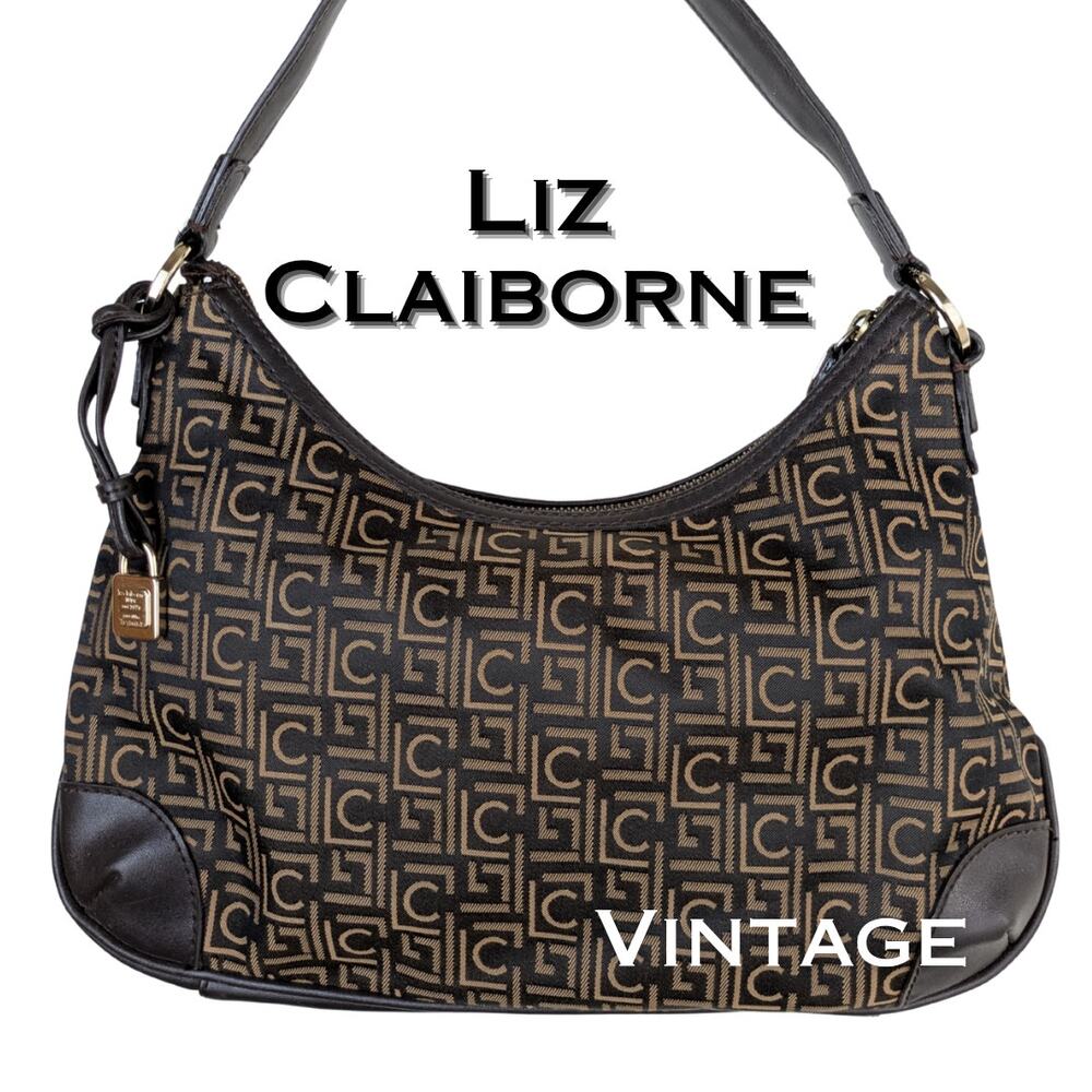 VTG Liz Claiborne Shoulder Bag LC Monogram Brown Gold Cloth Classic Y2K Timeless